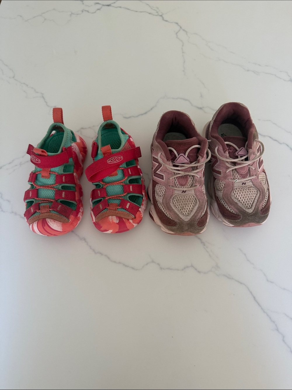 Keen Kids Red and Teal Closed-Toe Sandals and new balance sneakers, size 9